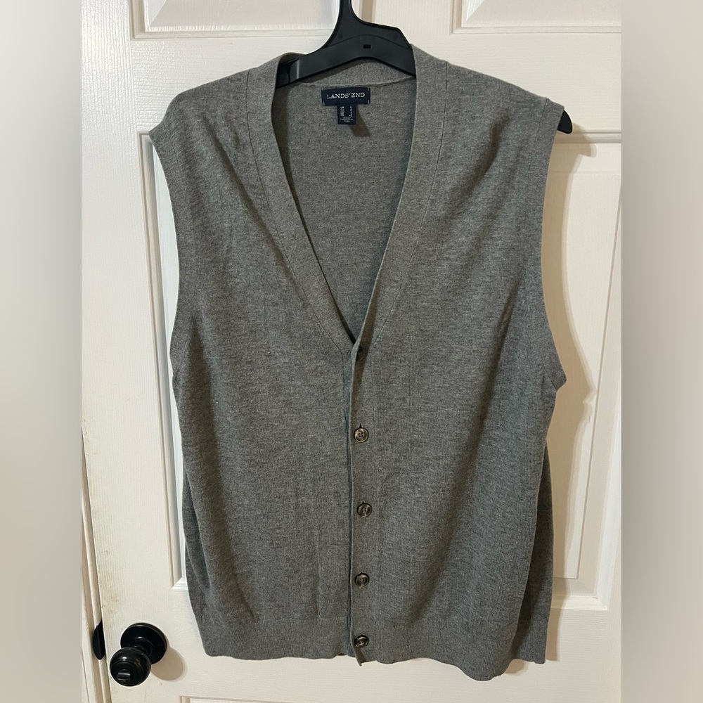 Lands’ End Men’s L Gray V-neck Button Down Sweater Vest Preppy Classic Casual